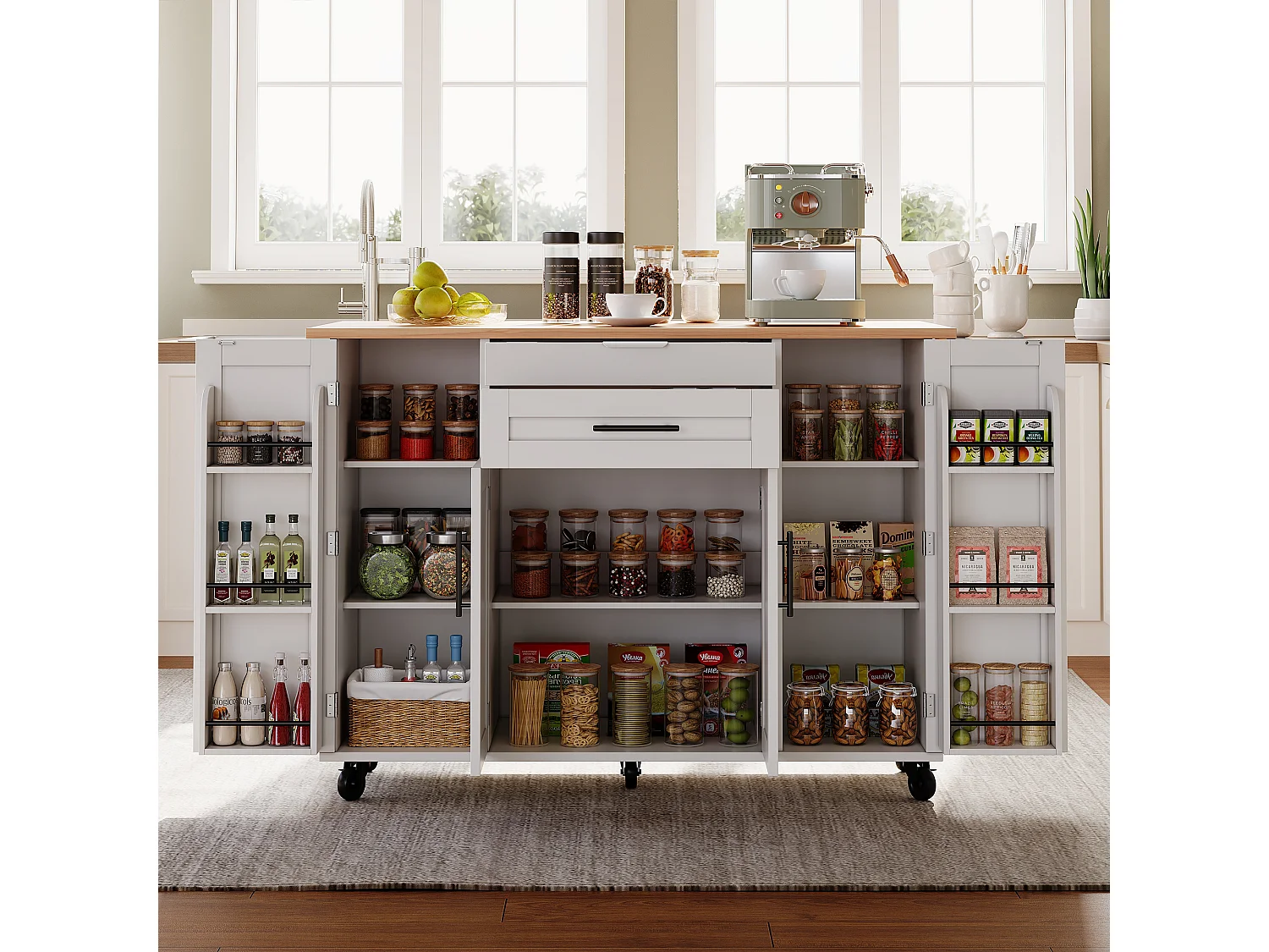 Ilot central de cuisine mobile - plateau extensible - avec étagère à épices et porte-serviettes - avec 2 tiroirs et 4 portes - MDF - Blanc