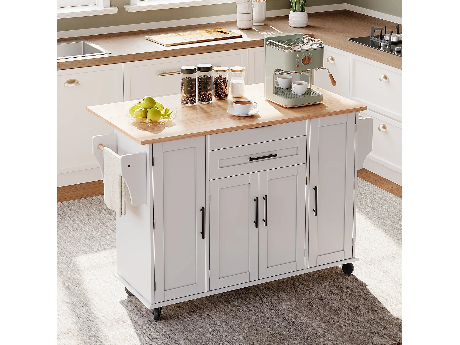 Ilot central de cuisine mobile - plateau extensible - avec étagère à épices et porte-serviettes - avec 2 tiroirs et 4 portes - MDF - Blanc
