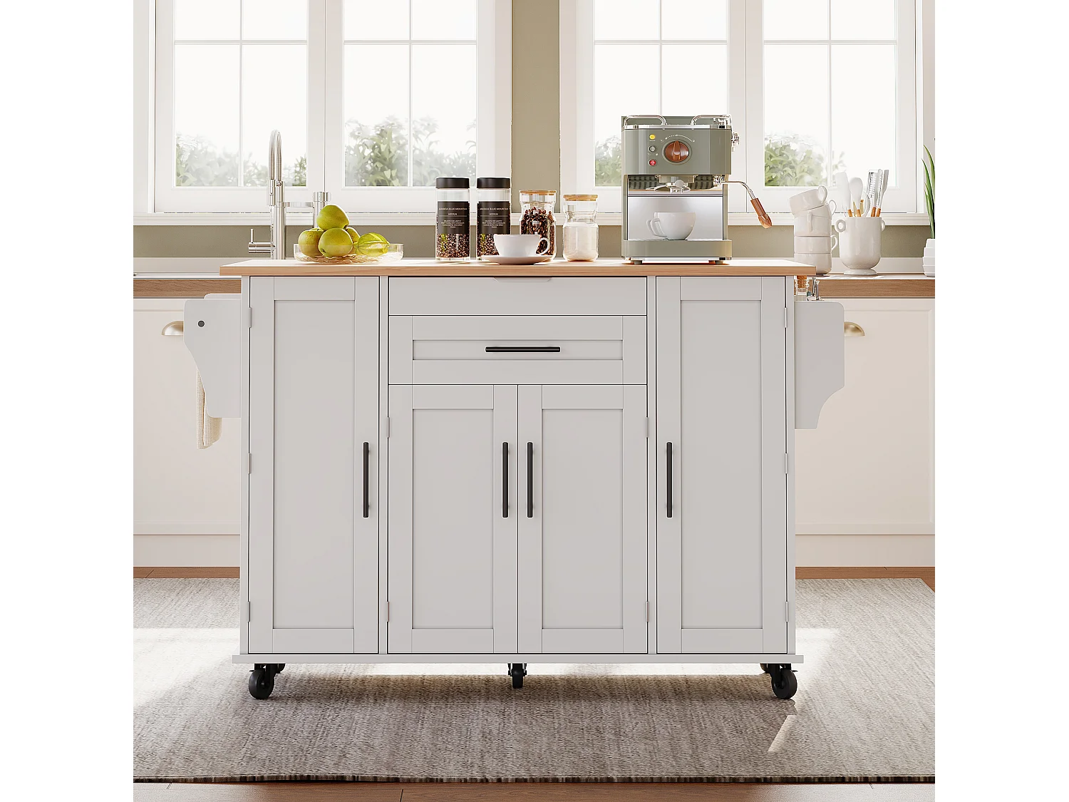 Ilot central de cuisine mobile - plateau extensible - avec étagère à épices et porte-serviettes - avec 2 tiroirs et 4 portes - MDF - Blanc