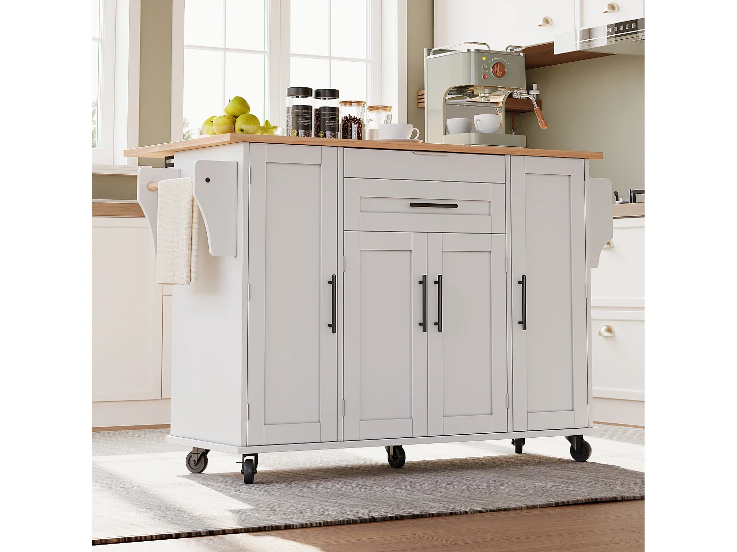 Ilot central de cuisine mobile - plateau extensible - avec étagère à épices et porte-serviettes - avec 2 tiroirs et 4 portes - MDF - Blanc