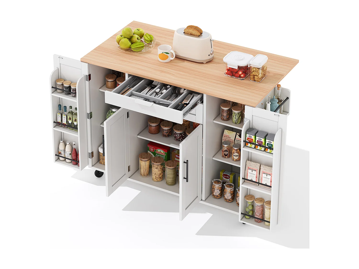 Ilot central de cuisine mobile - plateau extensible - avec étagère à épices et porte-serviettes - avec 2 tiroirs et 4 portes - MDF - Blanc
