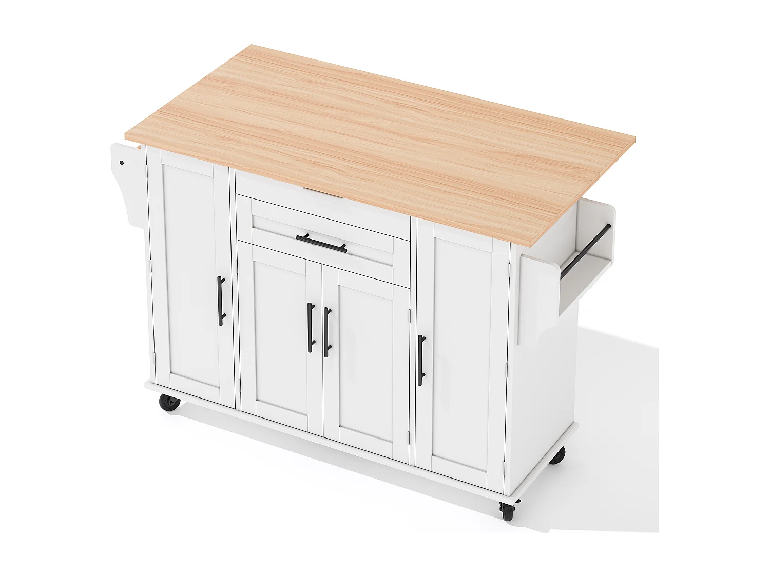 Ilot central de cuisine mobile - plateau extensible - avec étagère à épices et porte-serviettes - avec 2 tiroirs et 4 portes - MDF - Blanc
