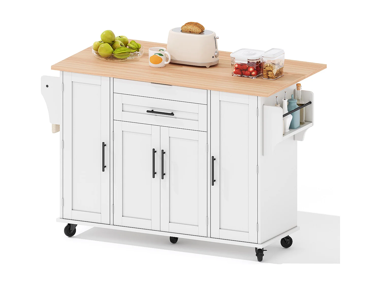 Ilot central de cuisine mobile - plateau extensible - avec étagère à épices et porte-serviettes - avec 2 tiroirs et 4 portes - MDF - Blanc