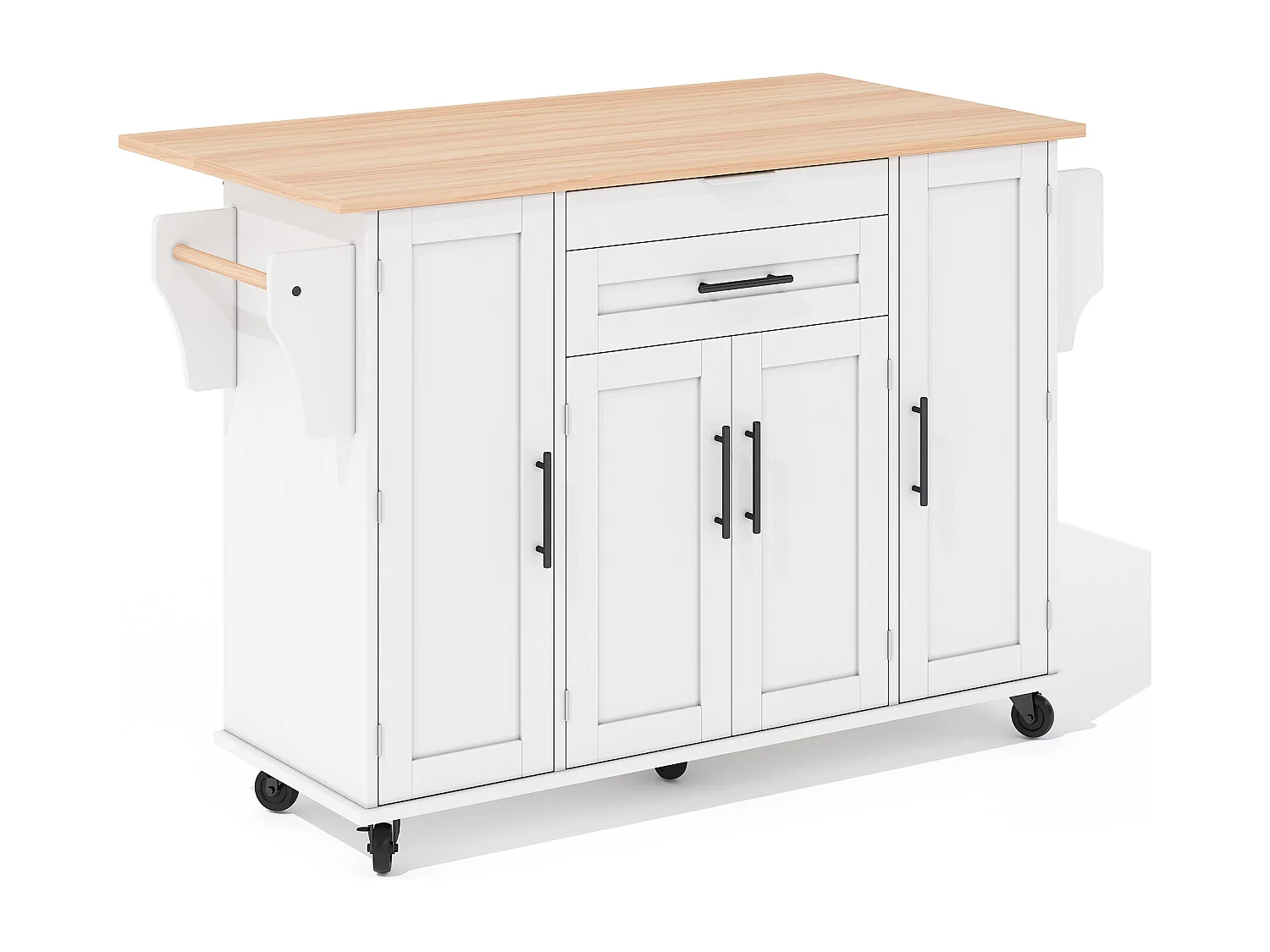 Ilot central de cuisine mobile - plateau extensible - avec étagère à épices et porte-serviettes - avec 2 tiroirs et 4 portes - MDF - Blanc