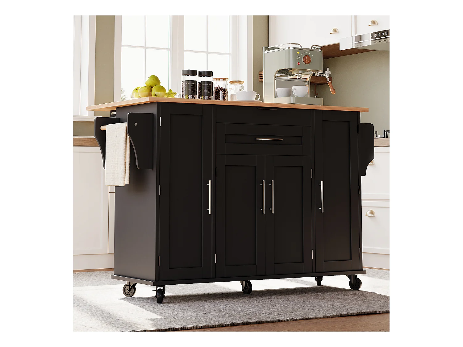 Ilot central de cuisine mobile - plateau extensible - avec étagère à épices et porte-serviettes - avec 2 tiroirs et 4 portes - MDF - Noir