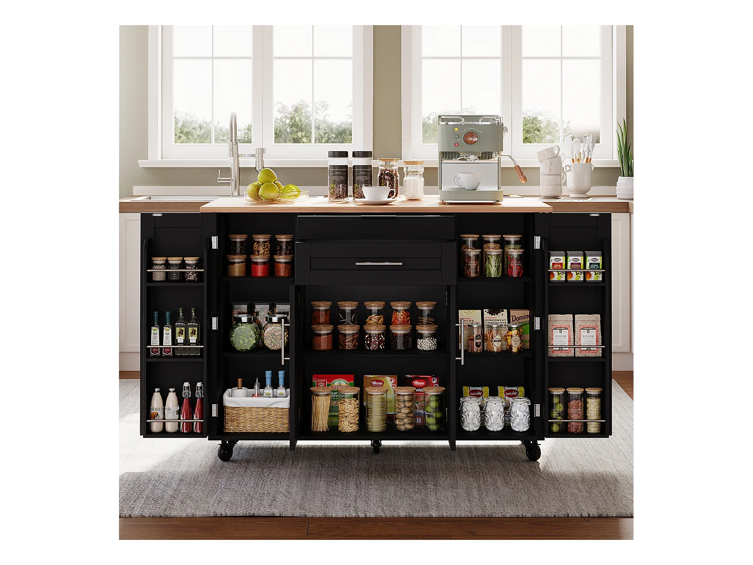 Ilot central de cuisine mobile - plateau extensible - avec étagère à épices et porte-serviettes - avec 2 tiroirs et 4 portes - MDF - Noir