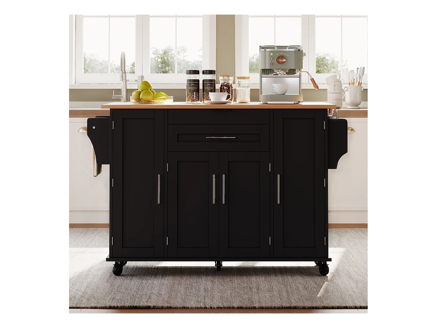 Ilot central de cuisine mobile - plateau extensible - avec étagère à épices et porte-serviettes - avec 2 tiroirs et 4 portes - MDF - Noir