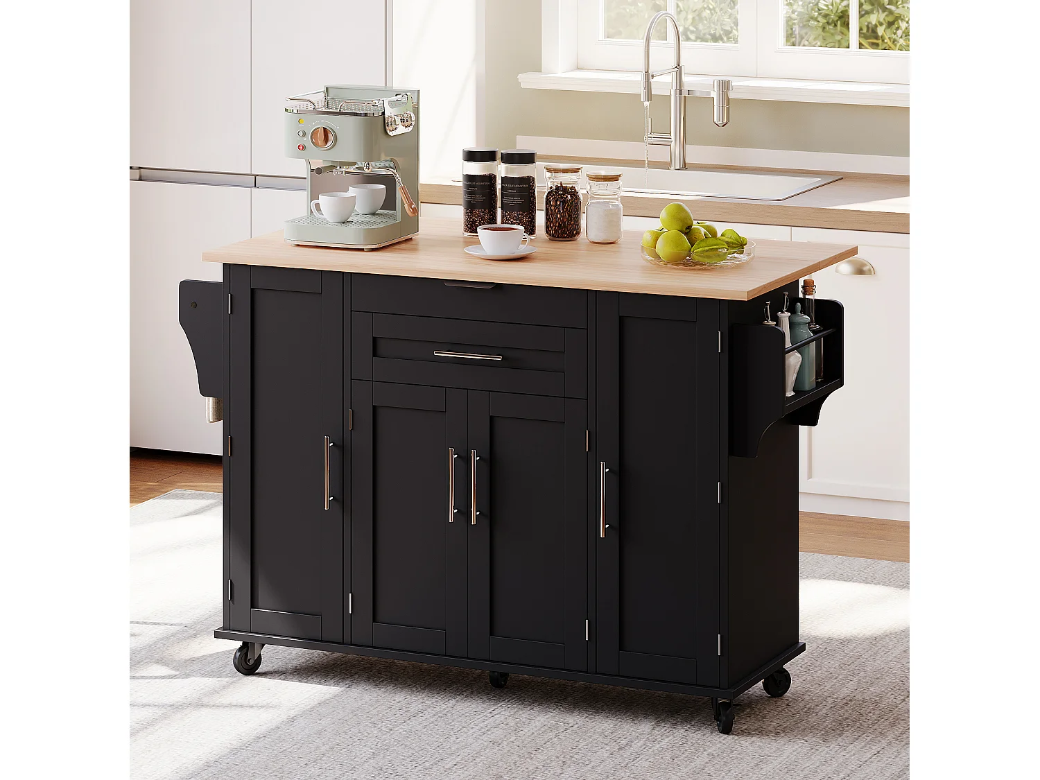 Ilot central de cuisine mobile - plateau extensible - avec étagère à épices et porte-serviettes - avec 2 tiroirs et 4 portes - MDF - Noir