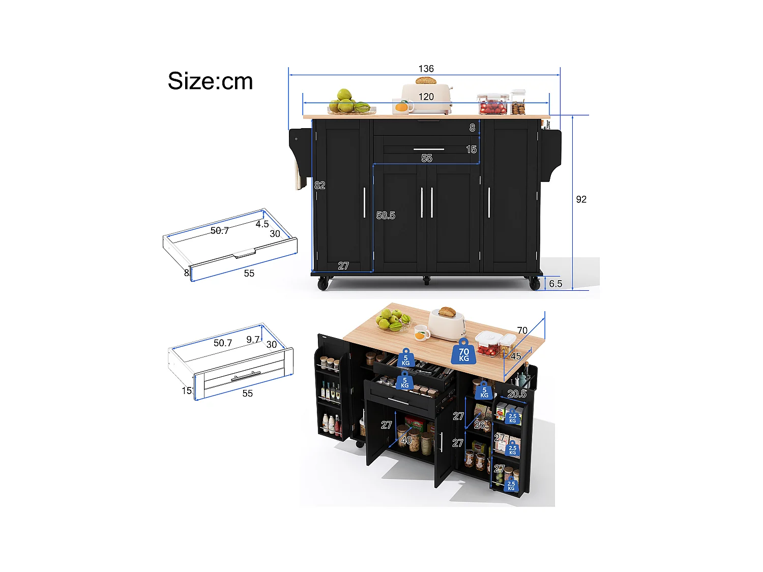 Ilot central de cuisine mobile - plateau extensible - avec étagère à épices et porte-serviettes - avec 2 tiroirs et 4 portes - MDF - Noir