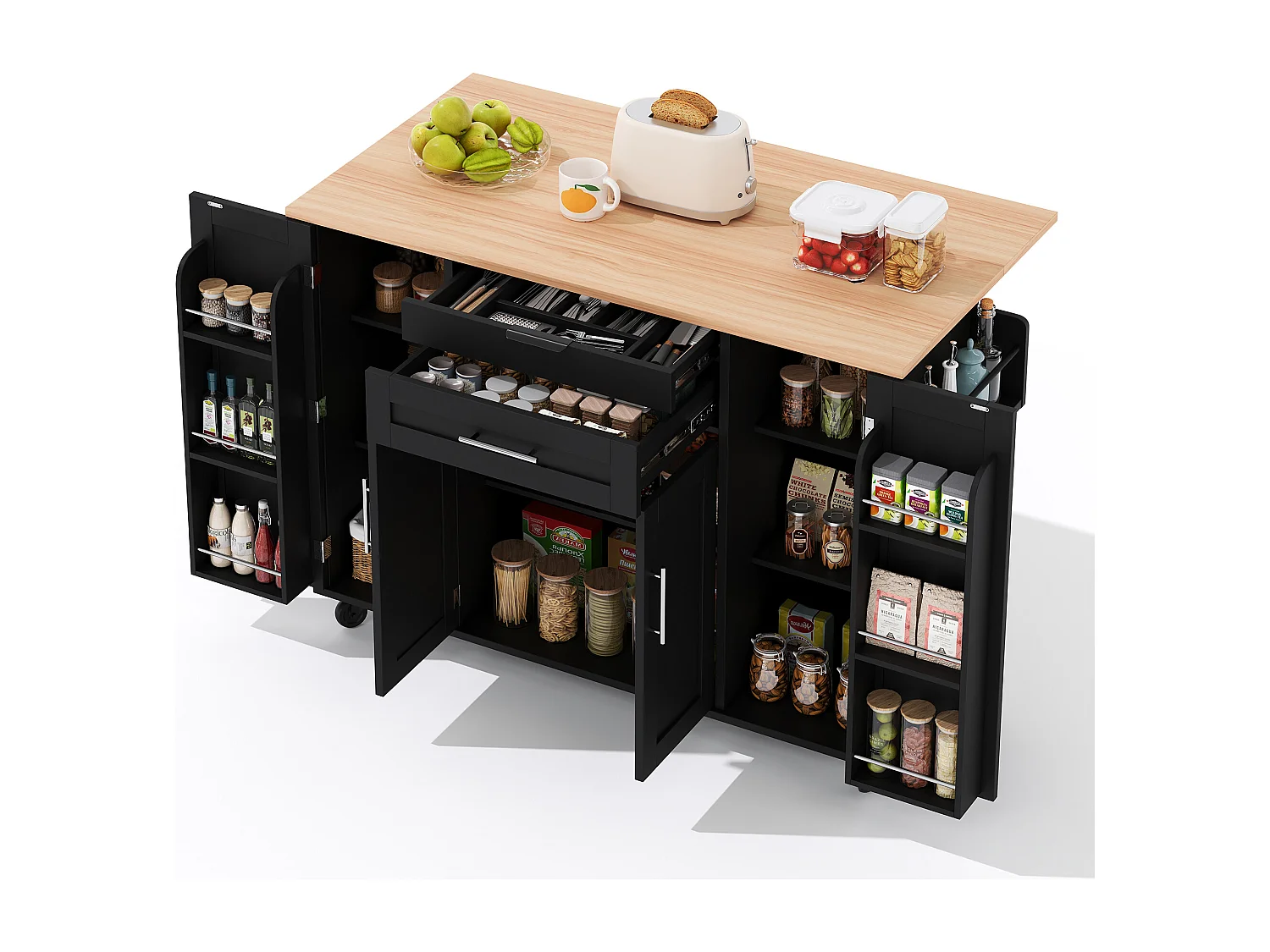 Ilot central de cuisine mobile - plateau extensible - avec étagère à épices et porte-serviettes - avec 2 tiroirs et 4 portes - MDF - Noir