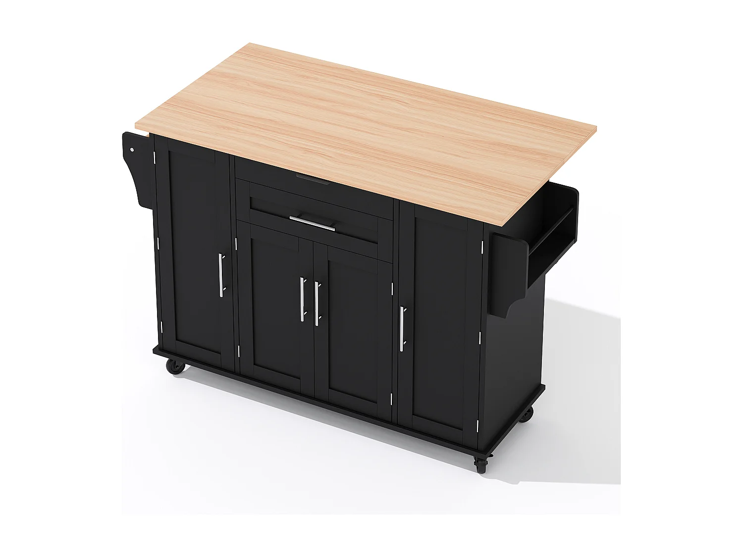 Ilot central de cuisine mobile - plateau extensible - avec étagère à épices et porte-serviettes - avec 2 tiroirs et 4 portes - MDF - Noir