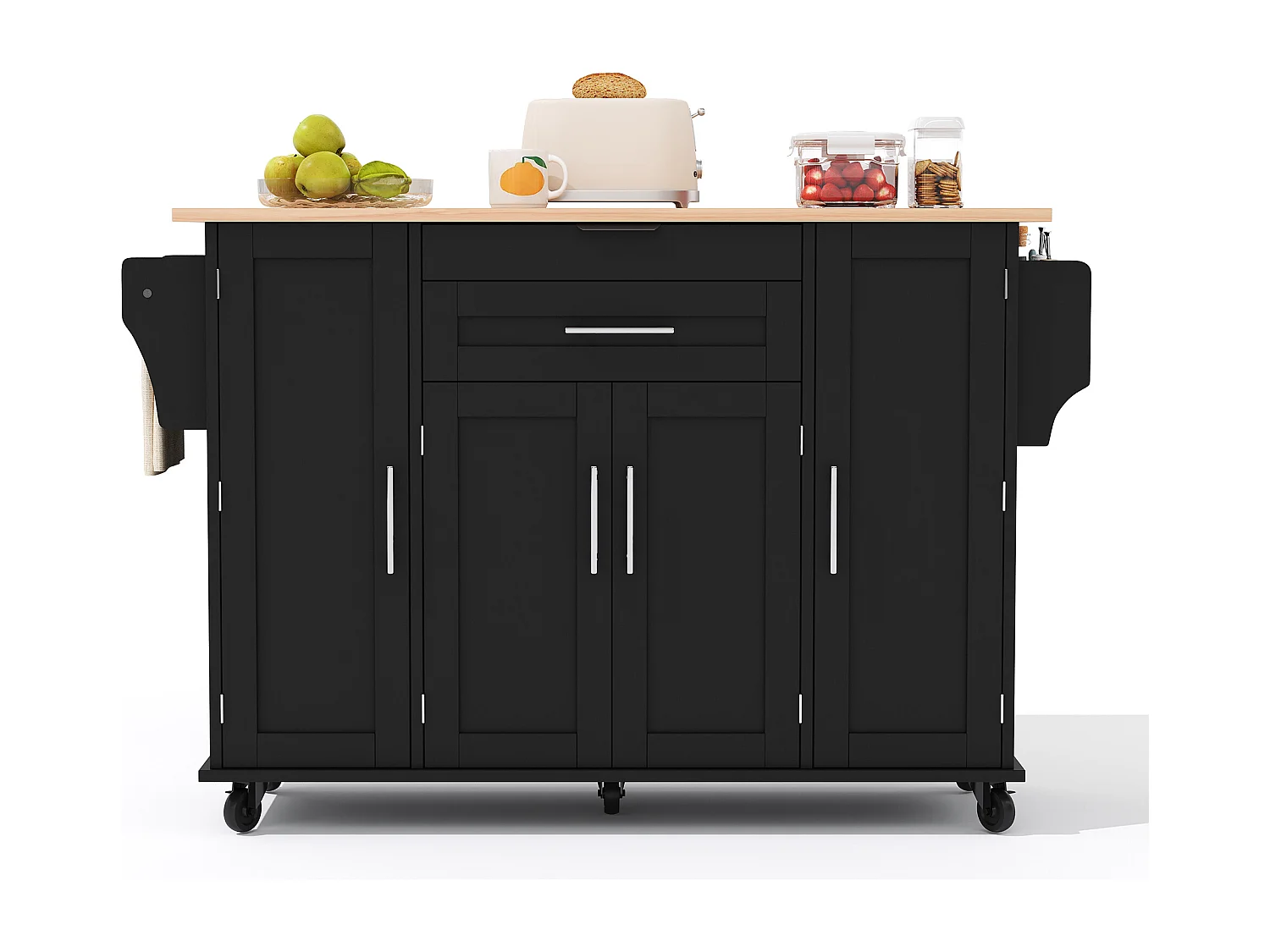 Ilot central de cuisine mobile - plateau extensible - avec étagère à épices et porte-serviettes - avec 2 tiroirs et 4 portes - MDF - Noir