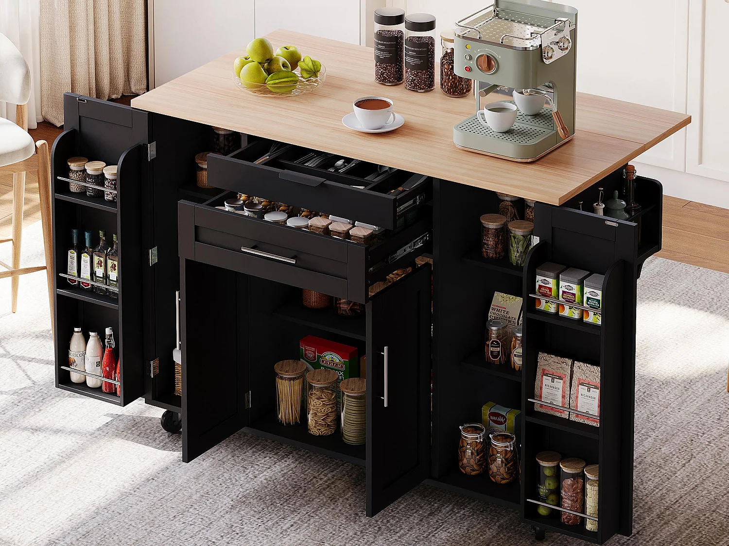 Ilot central de cuisine mobile - plateau extensible - avec étagère à épices et porte-serviettes - avec 2 tiroirs et 4 portes - MDF - Noir