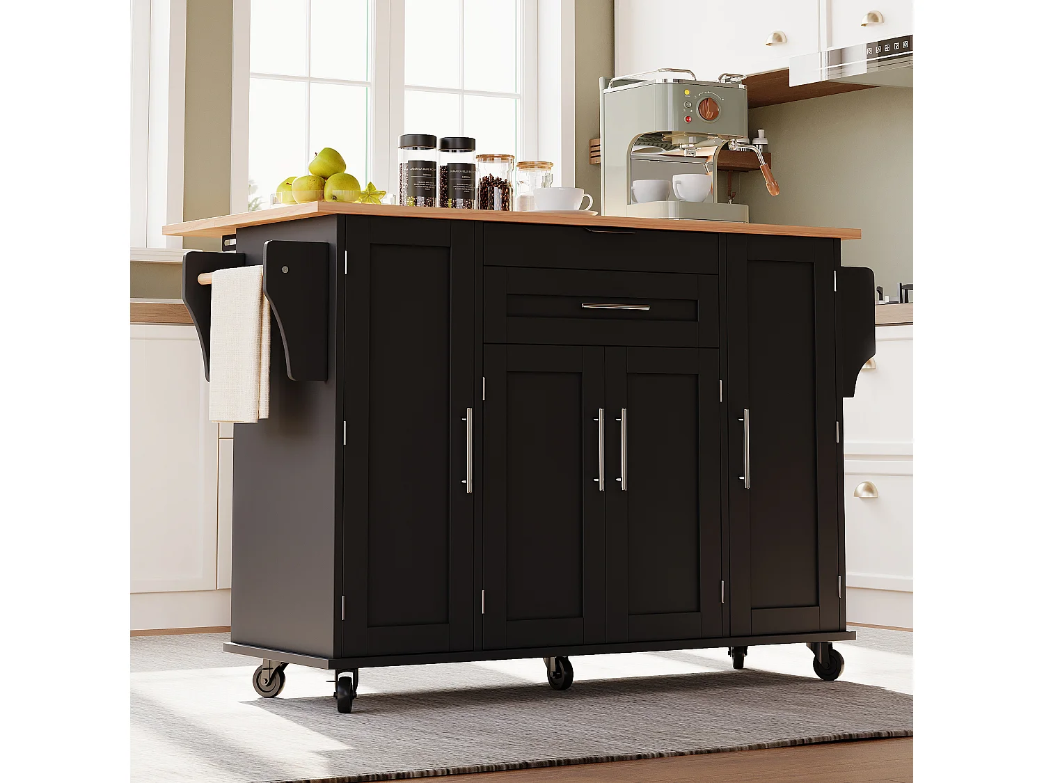 Ilot central de cuisine mobile - plateau extensible - avec étagère à épices et porte-serviettes - avec 2 tiroirs et 4 portes - MDF - Noir