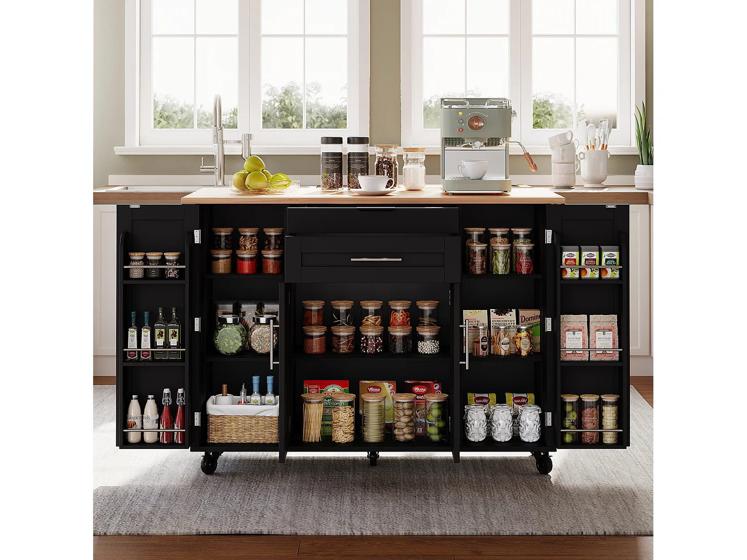 Ilot central de cuisine mobile - plateau extensible - avec étagère à épices et porte-serviettes - avec 2 tiroirs et 4 portes - MDF - Noir