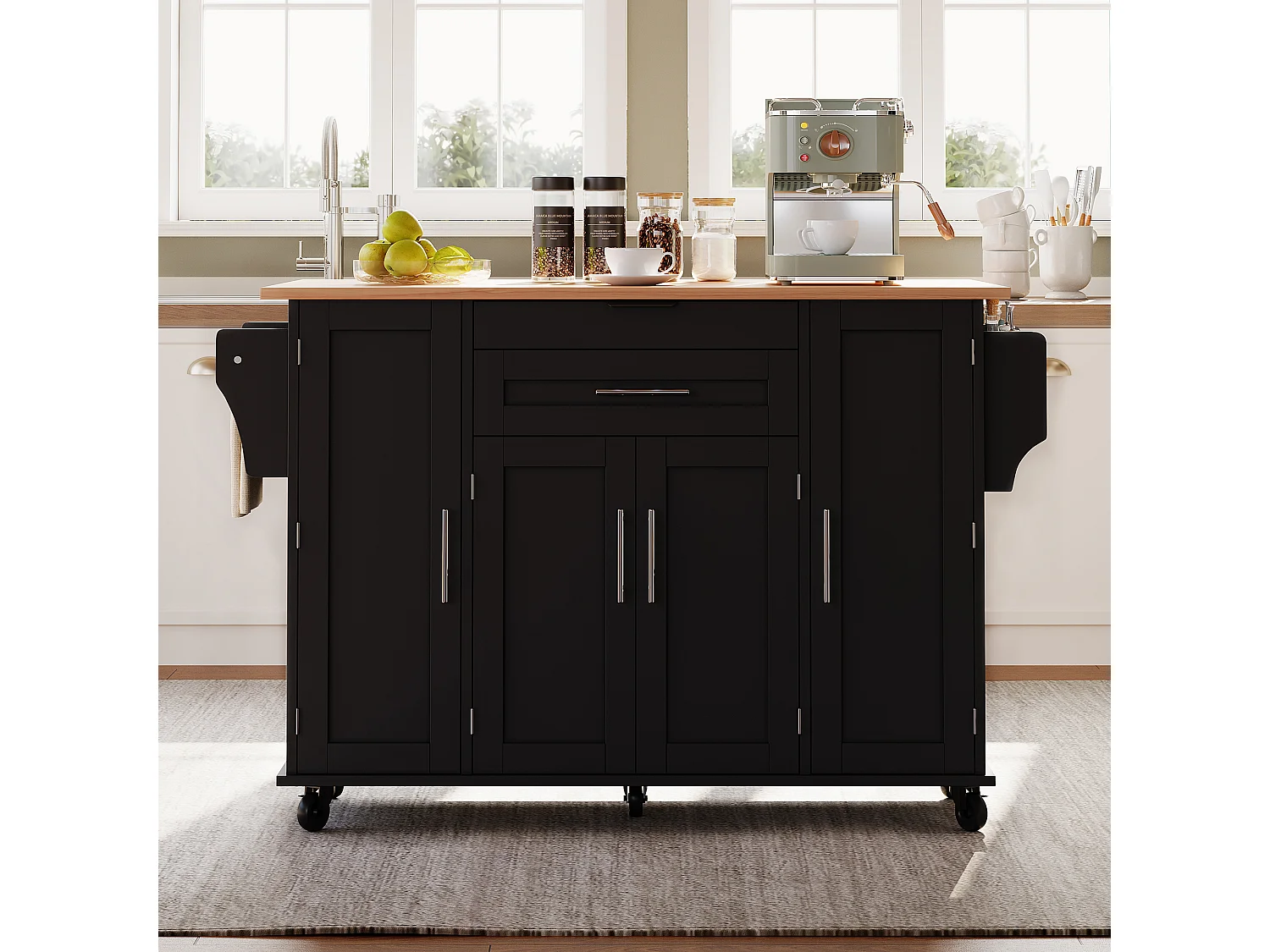 Ilot central de cuisine mobile - plateau extensible - avec étagère à épices et porte-serviettes - avec 2 tiroirs et 4 portes - MDF - Noir