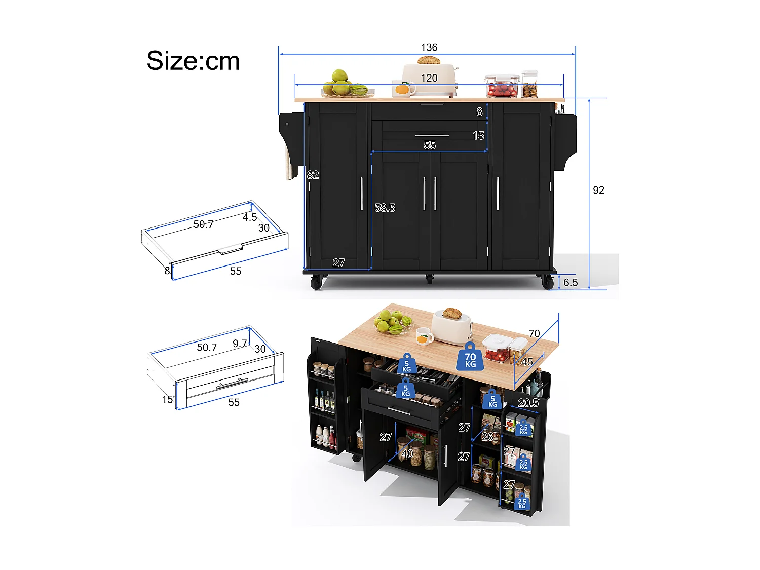 Ilot central de cuisine mobile - plateau extensible - avec étagère à épices et porte-serviettes - avec 2 tiroirs et 4 portes - MDF - Noir