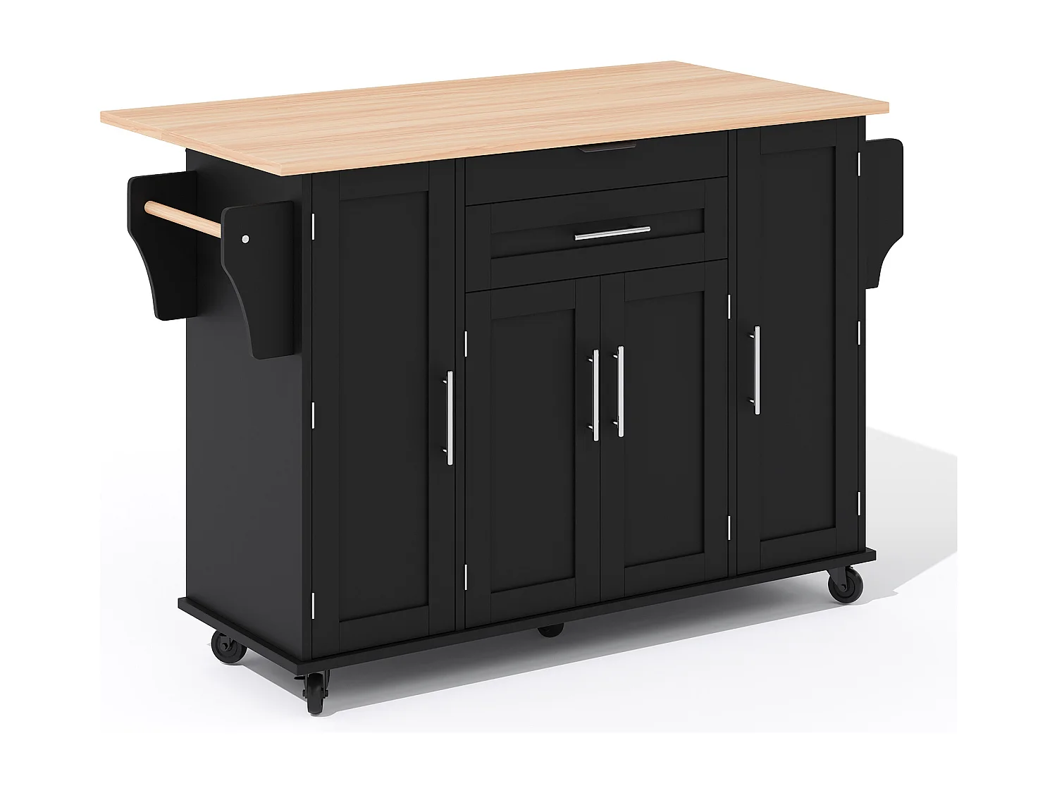 Ilot central de cuisine mobile - plateau extensible - avec étagère à épices et porte-serviettes - avec 2 tiroirs et 4 portes - MDF - Noir