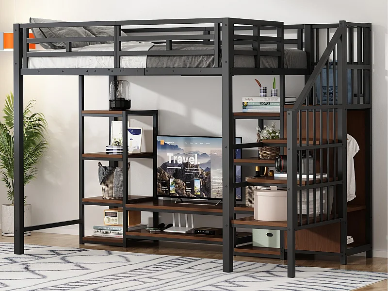 Lit mezzanine 90x200 cm - avec prise de courant - échelle de sécurité - avec support de rangement - ​​Noir (matelas non inclus)