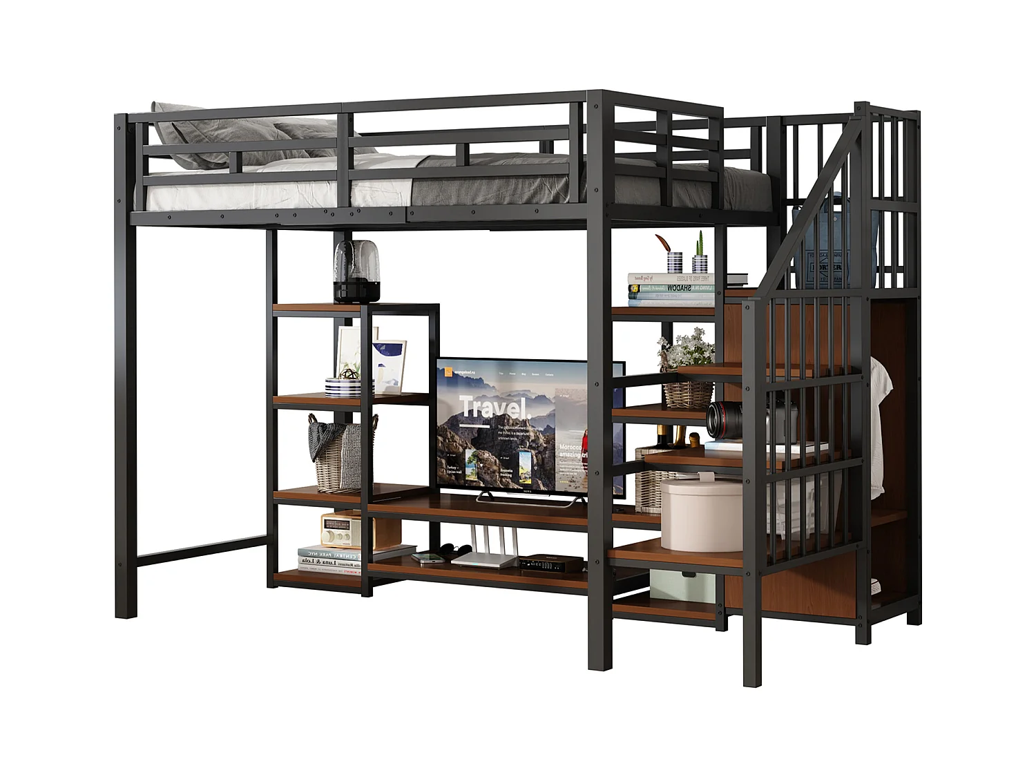 Lit mezzanine 90x200 cm - avec prise de courant - échelle de sécurité - avec support de rangement - ​​Noir (matelas non inclus)