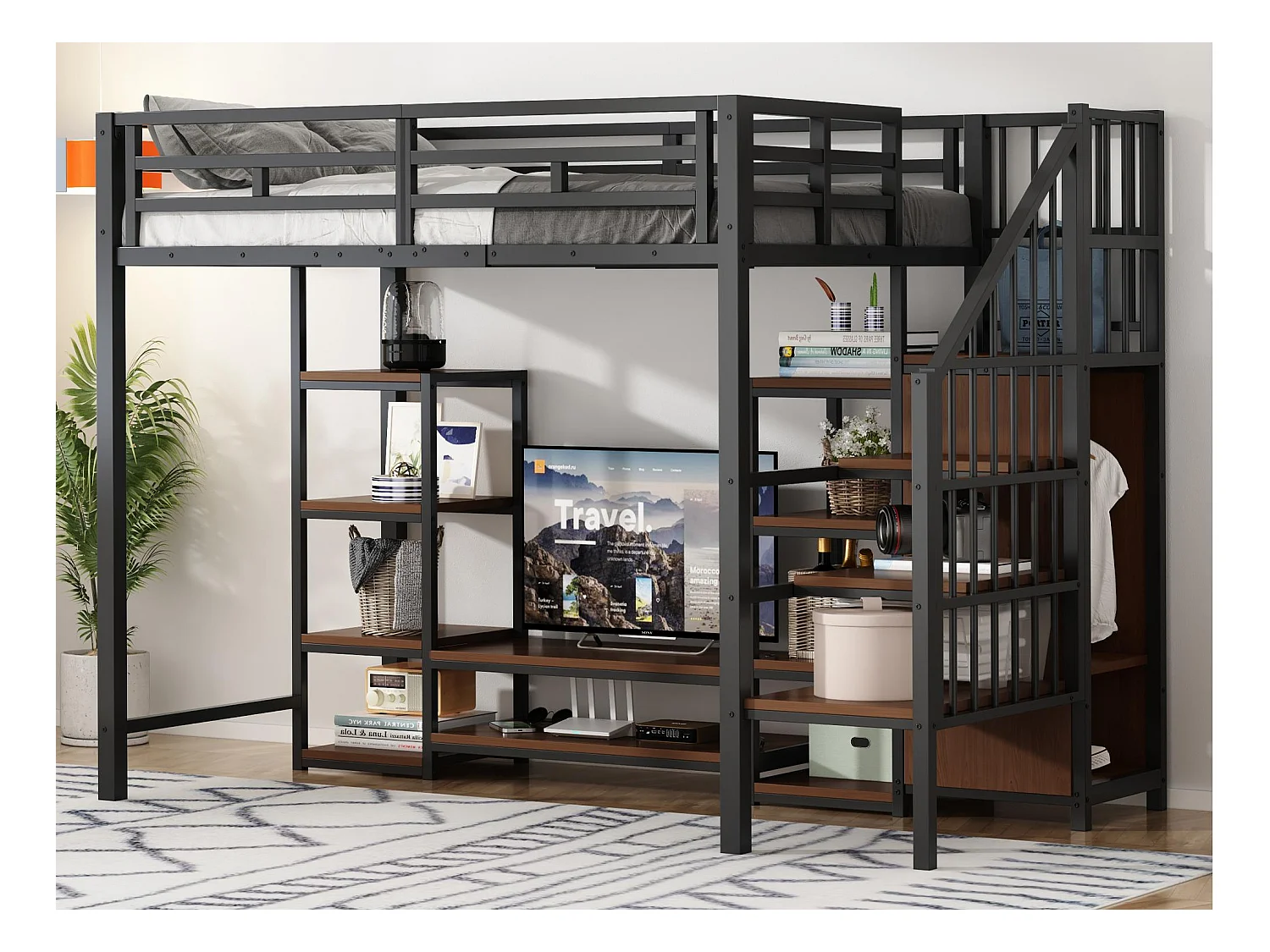 Lit mezzanine 90x200 cm - avec prise de courant - échelle de sécurité - avec support de rangement - ​​Noir (matelas non inclus)
