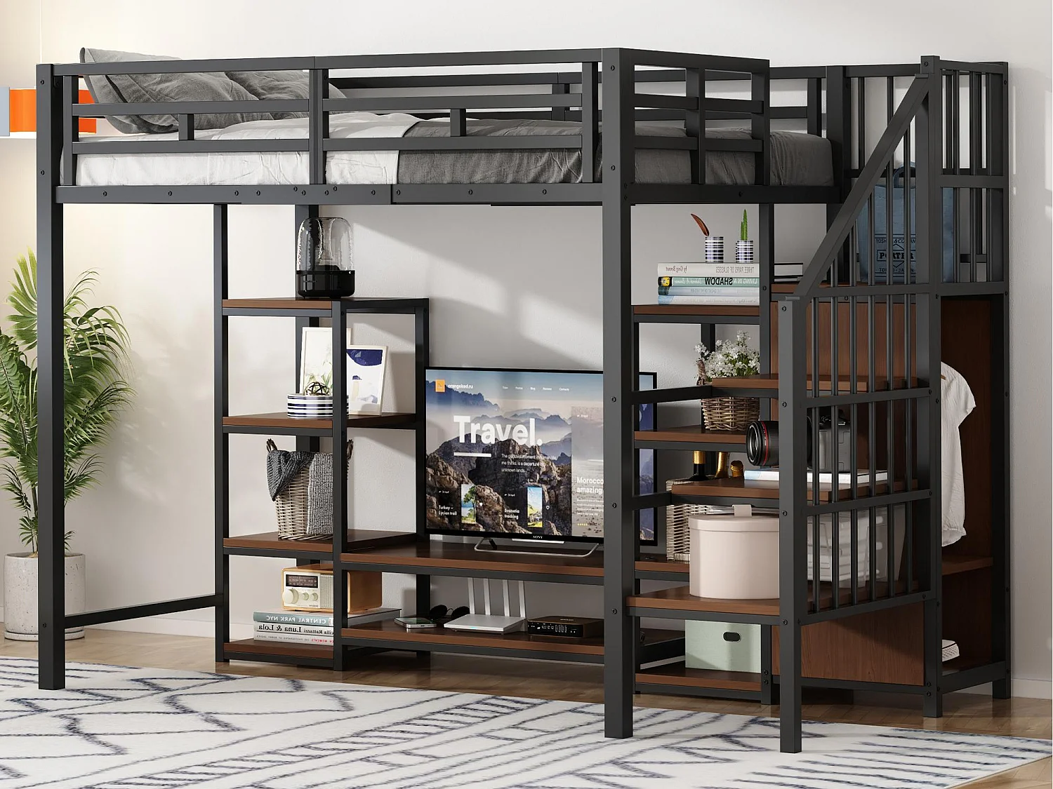 Lit mezzanine 90x200 cm - avec prise de courant - échelle de sécurité - avec support de rangement - ​​Noir (matelas non inclus)