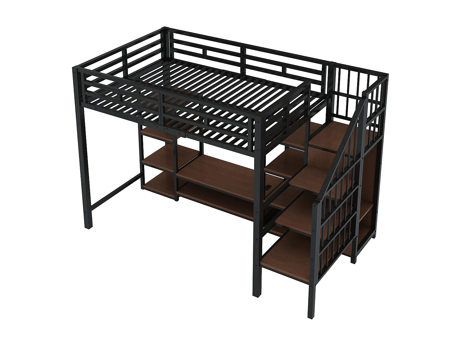 Lit mezzanine 90x200 cm - avec prise de courant - échelle de sécurité - avec support de rangement - ​​Noir (matelas non inclus)