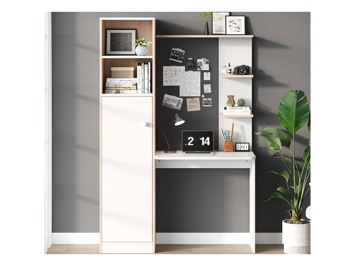 Bureau 123.5x45x168.5 cm - 1 porte - avec étagères ouvertes - MDF - blanc + naturel