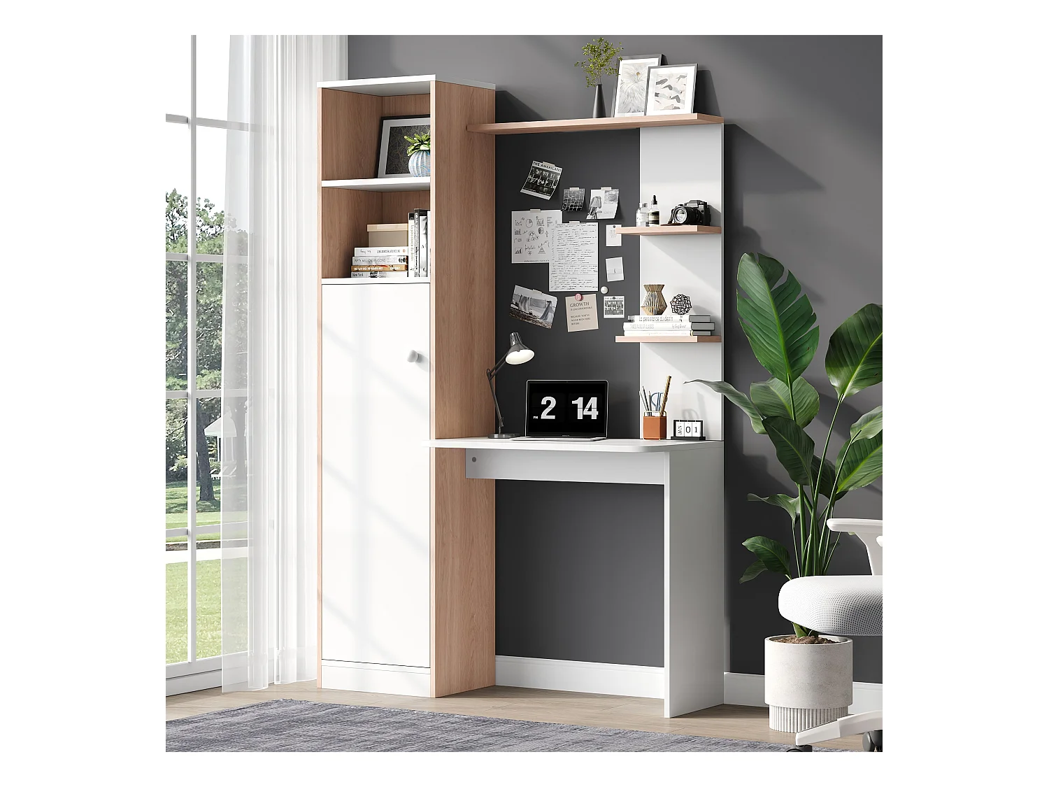Bureau 123.5x45x168.5 cm - 1 porte - avec étagères ouvertes - MDF - blanc + naturel