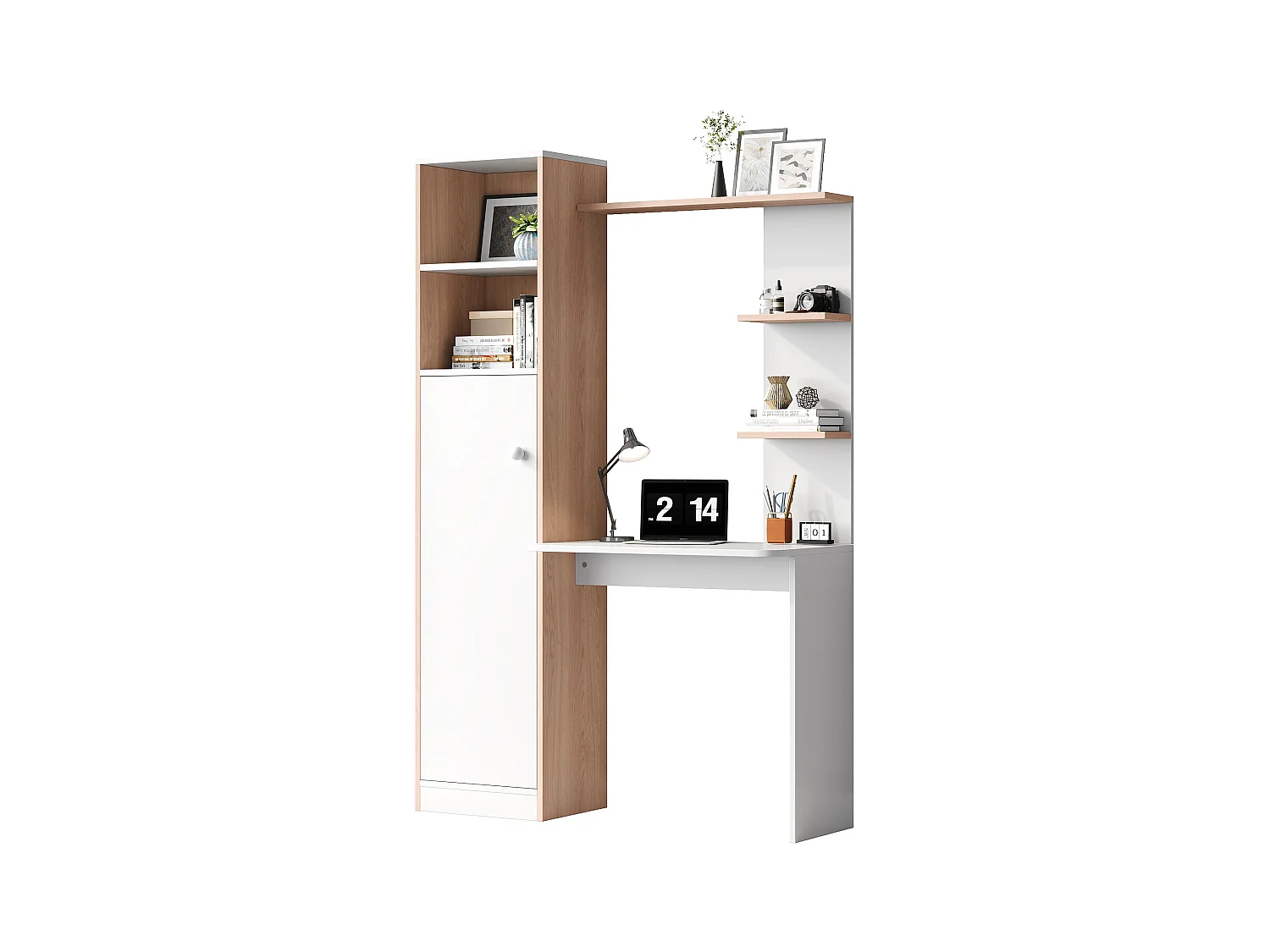 Bureau 123.5x45x168.5 cm - 1 porte - avec étagères ouvertes - MDF - blanc + naturel