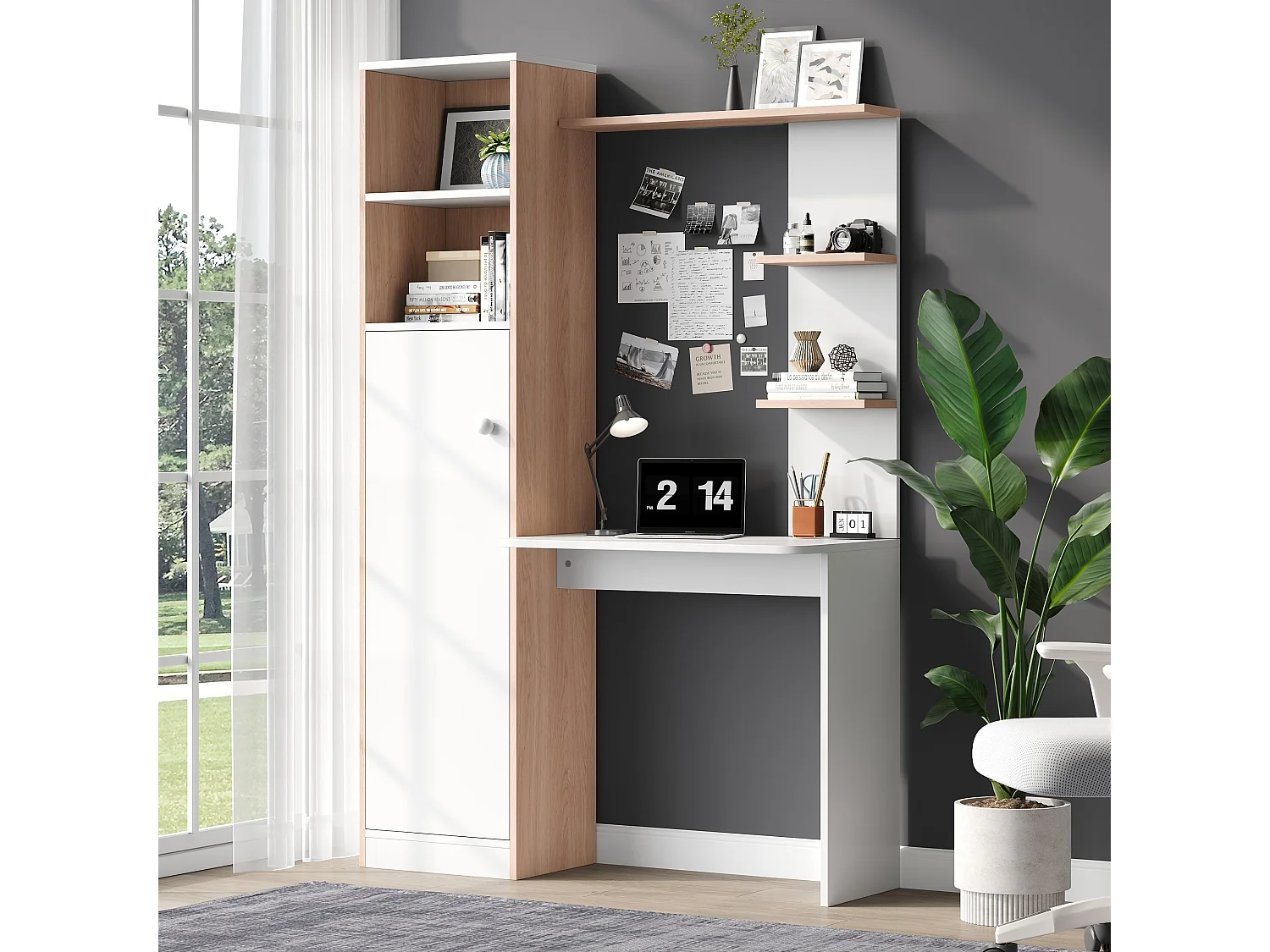 Schreibtisch 123.5x45x168.5 cm - 1 Tür - mit offenen Regalen - MDF - weiß + natur