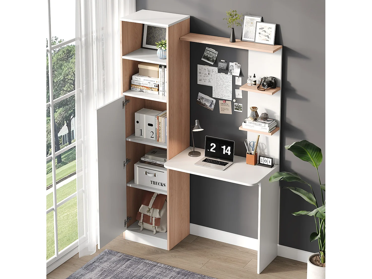 Schreibtisch 123.5x45x168.5 cm - 1 Tür - mit offenen Regalen - MDF - weiß + natur