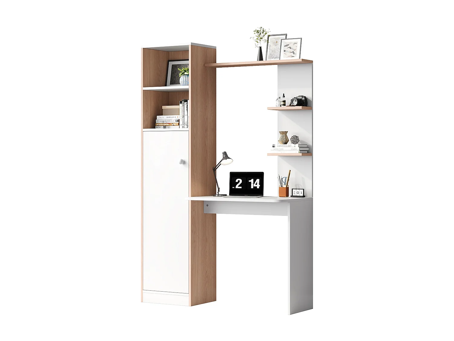 Schreibtisch 123.5x45x168.5 cm - 1 Tür - mit offenen Regalen - MDF - weiß + natur