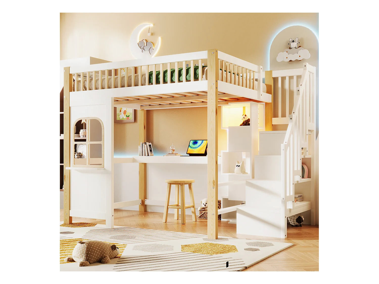 Lit mezzanine 140x200 cm - avec éclairage LED - avec échelle de rangement - avec bureau + prise - coloris blanc + naturel (matelas non inclus)