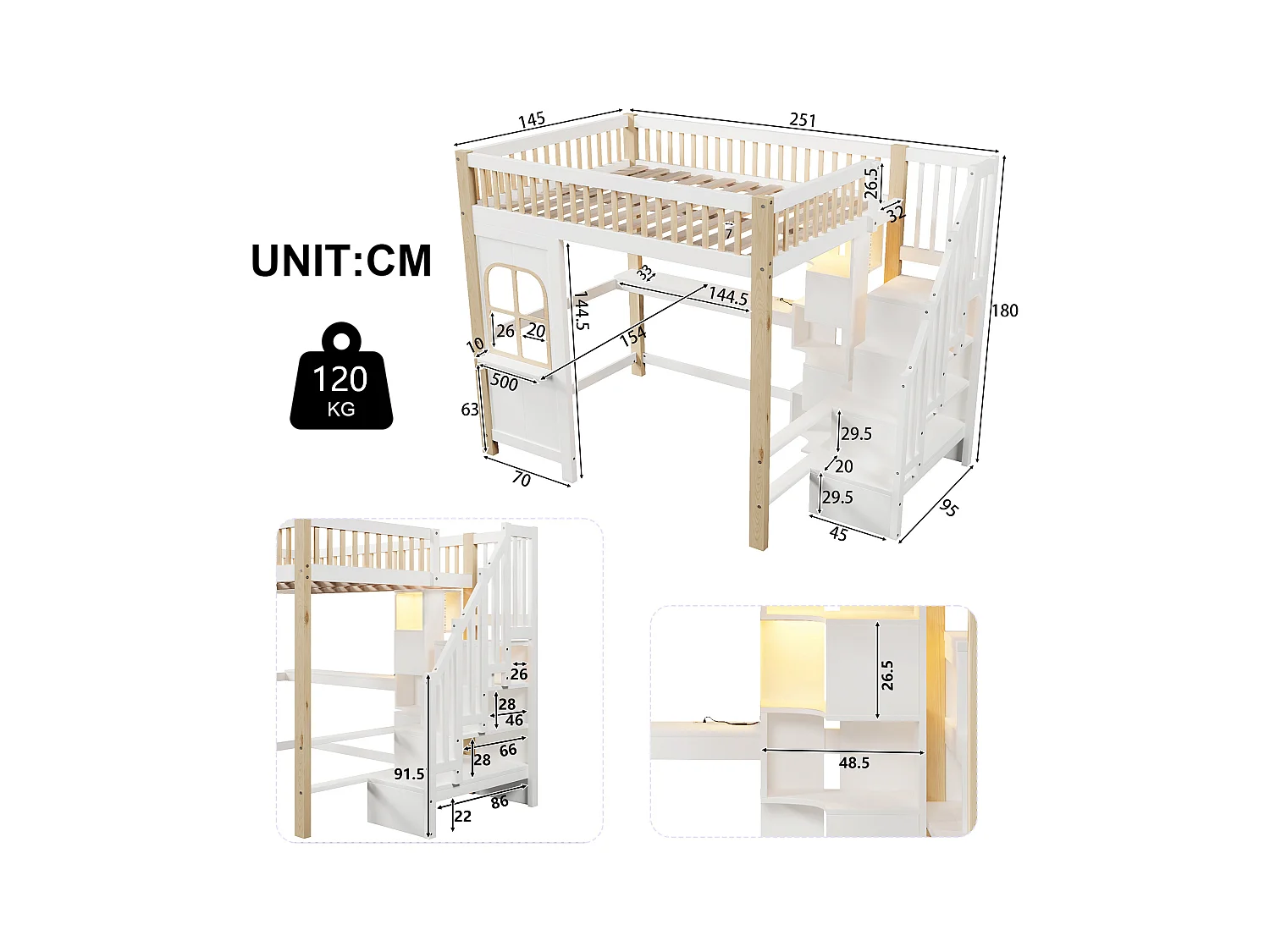 Lit mezzanine 140x200 cm - avec éclairage LED - avec échelle de rangement - avec bureau + prise - coloris blanc + naturel (matelas non inclus)