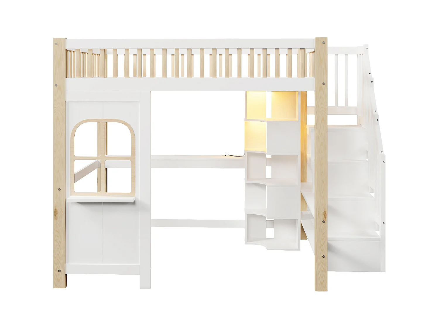 Lit mezzanine 140x200 cm - avec éclairage LED - avec échelle de rangement - avec bureau + prise - coloris blanc + naturel (matelas non inclus)