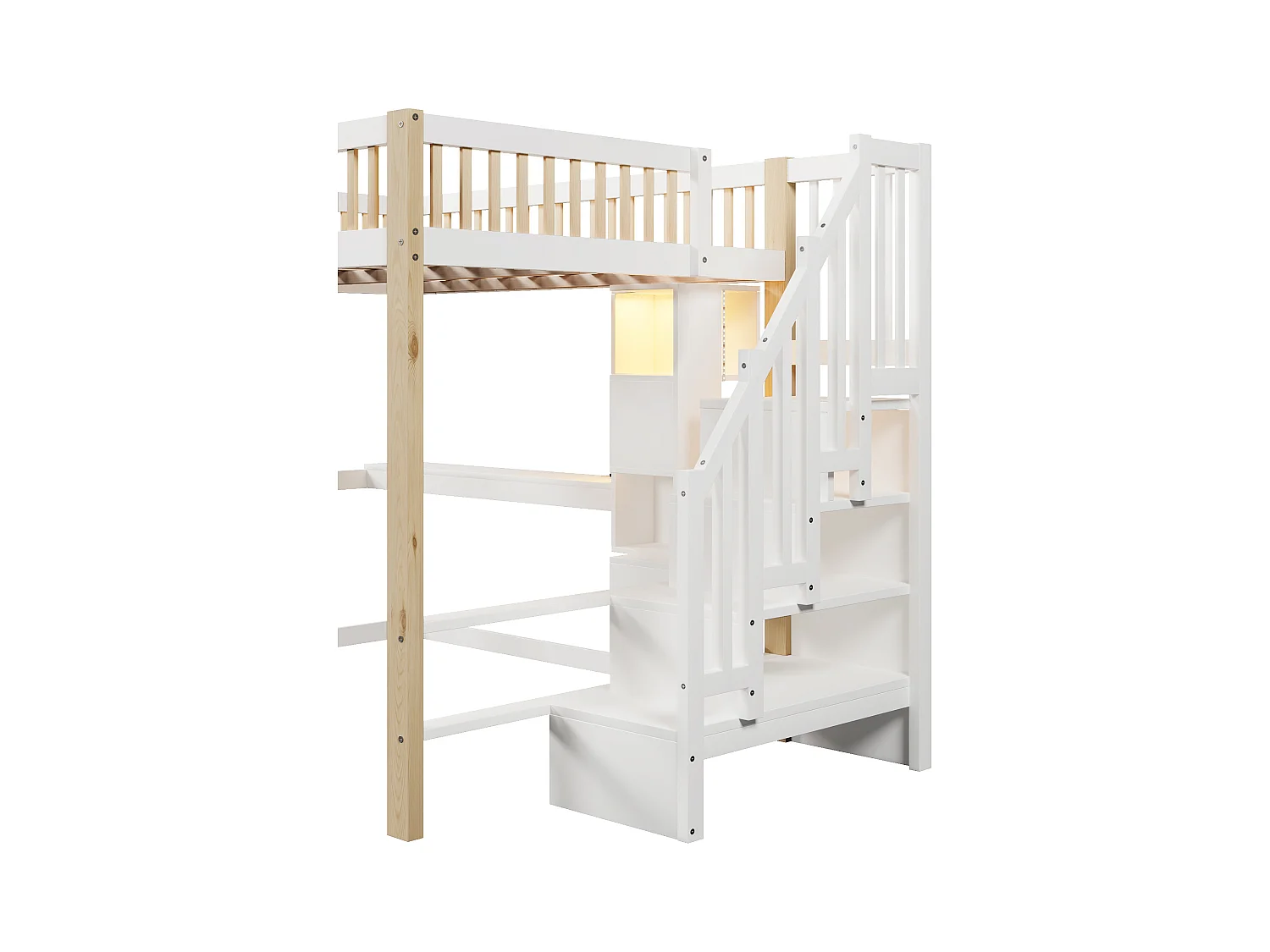 Lit mezzanine 140x200 cm - avec éclairage LED - avec échelle de rangement - avec bureau + prise - coloris blanc + naturel (matelas non inclus)