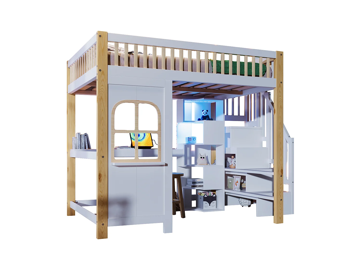 Lit mezzanine 140x200 cm - avec éclairage LED - avec échelle de rangement - avec bureau + prise - coloris blanc + naturel (matelas non inclus)