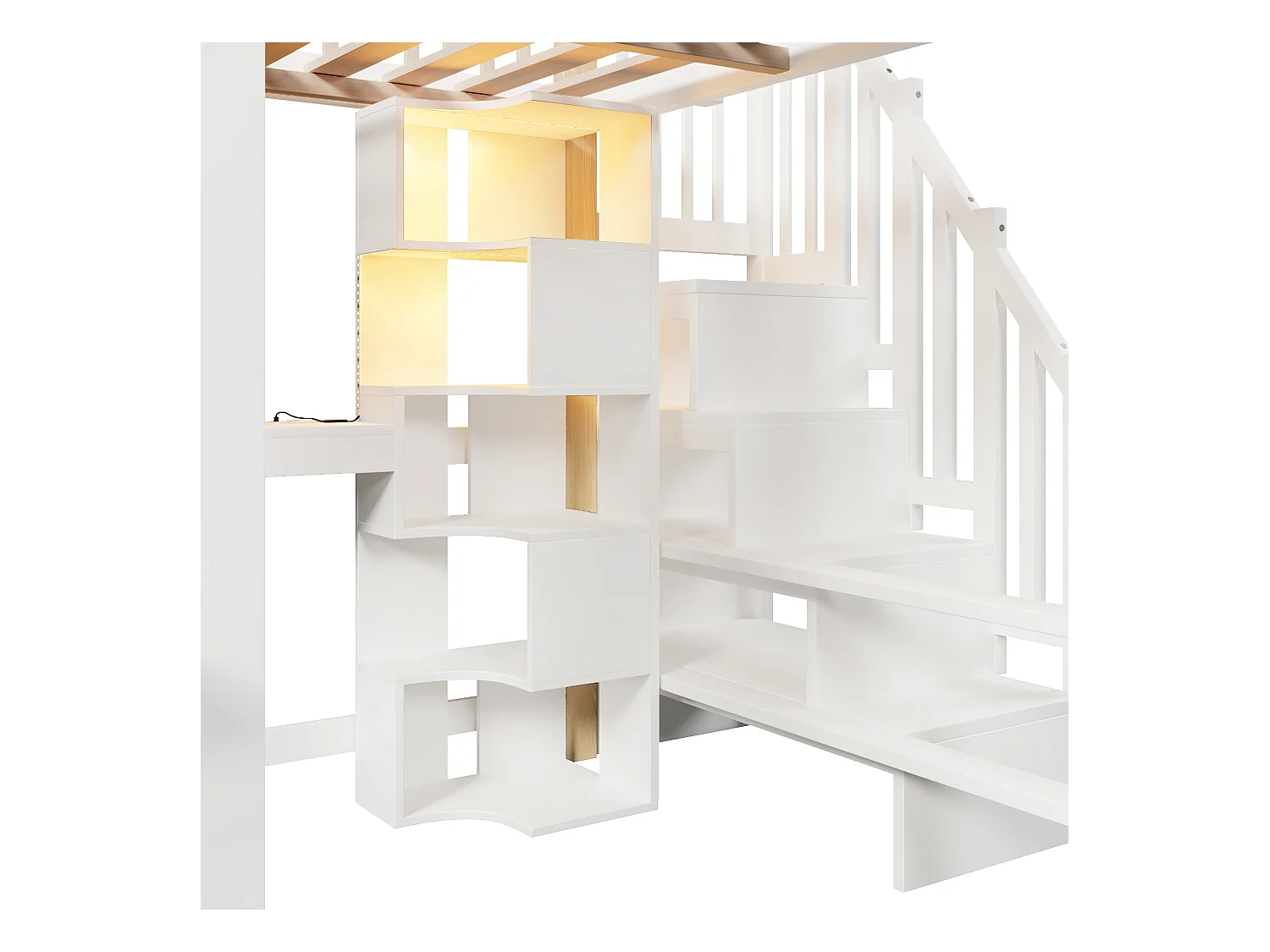 Lit mezzanine 140x200 cm - avec éclairage LED - avec échelle de rangement - avec bureau + prise - coloris blanc + naturel (matelas non inclus)