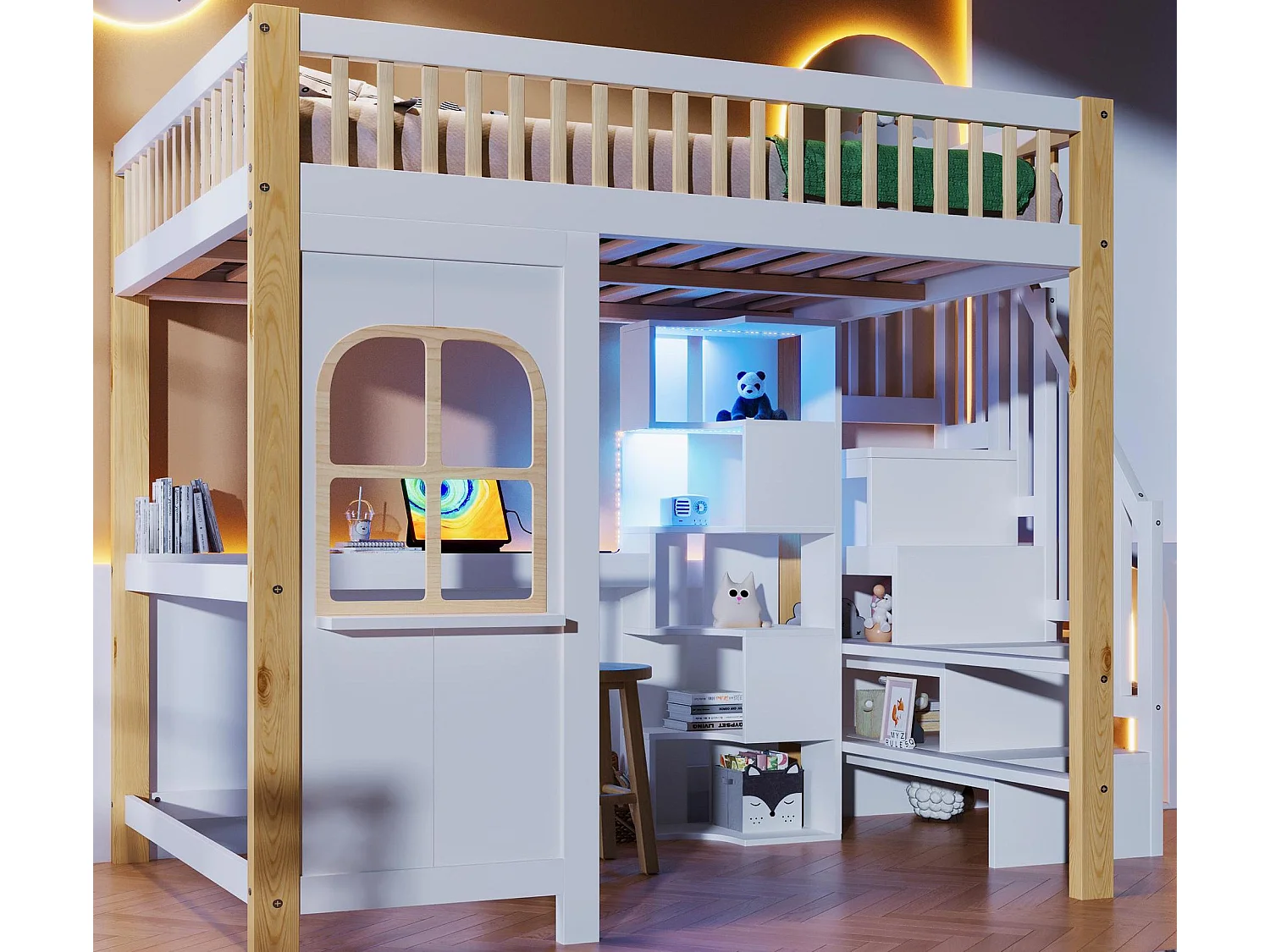 Lit mezzanine 140x200 cm - avec éclairage LED - avec échelle de rangement - avec bureau + prise - coloris blanc + naturel (matelas non inclus)