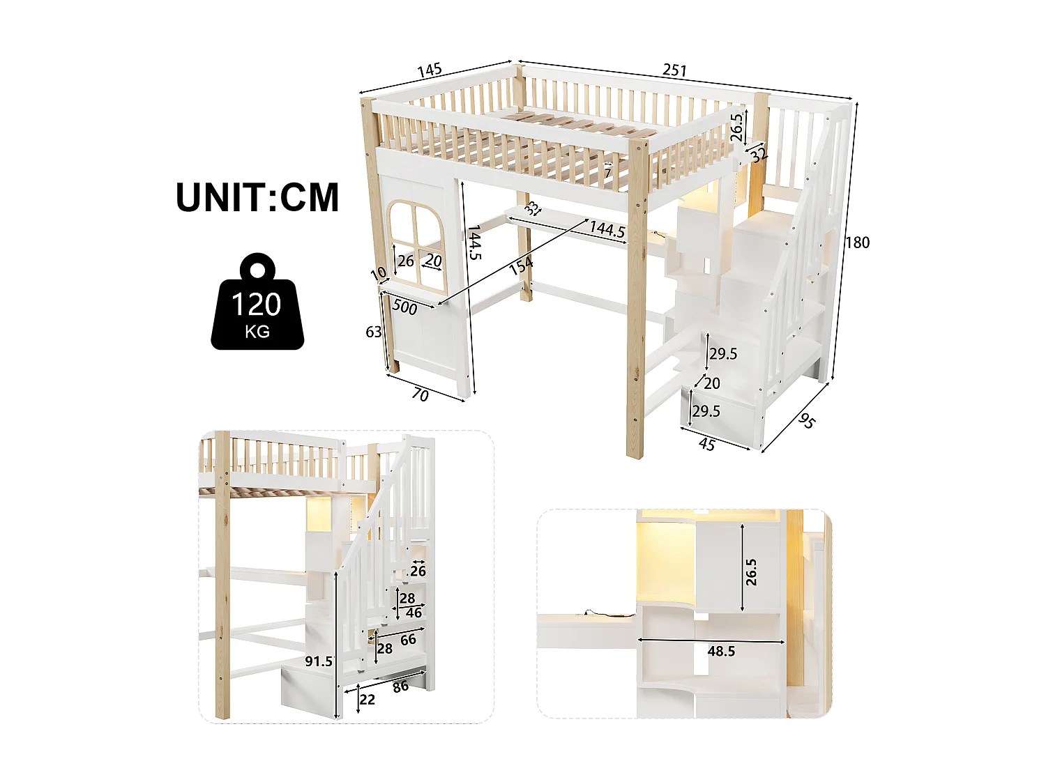 Lit mezzanine 140x200 cm - avec éclairage LED - avec échelle de rangement - avec bureau + prise - coloris blanc + naturel (matelas non inclus)