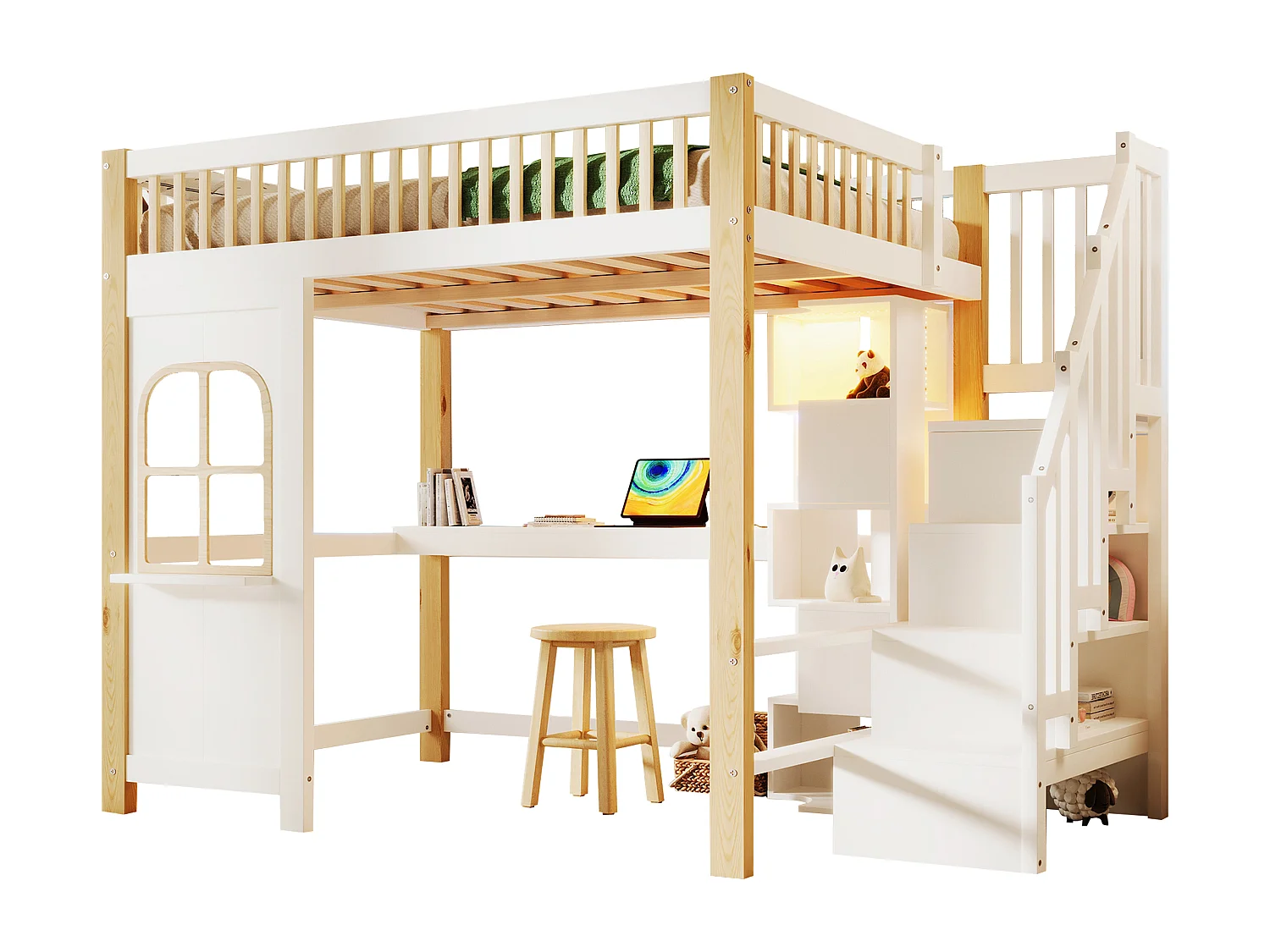 Lit mezzanine 140x200 cm - avec éclairage LED - avec échelle de rangement - avec bureau + prise - coloris blanc + naturel (matelas non inclus)