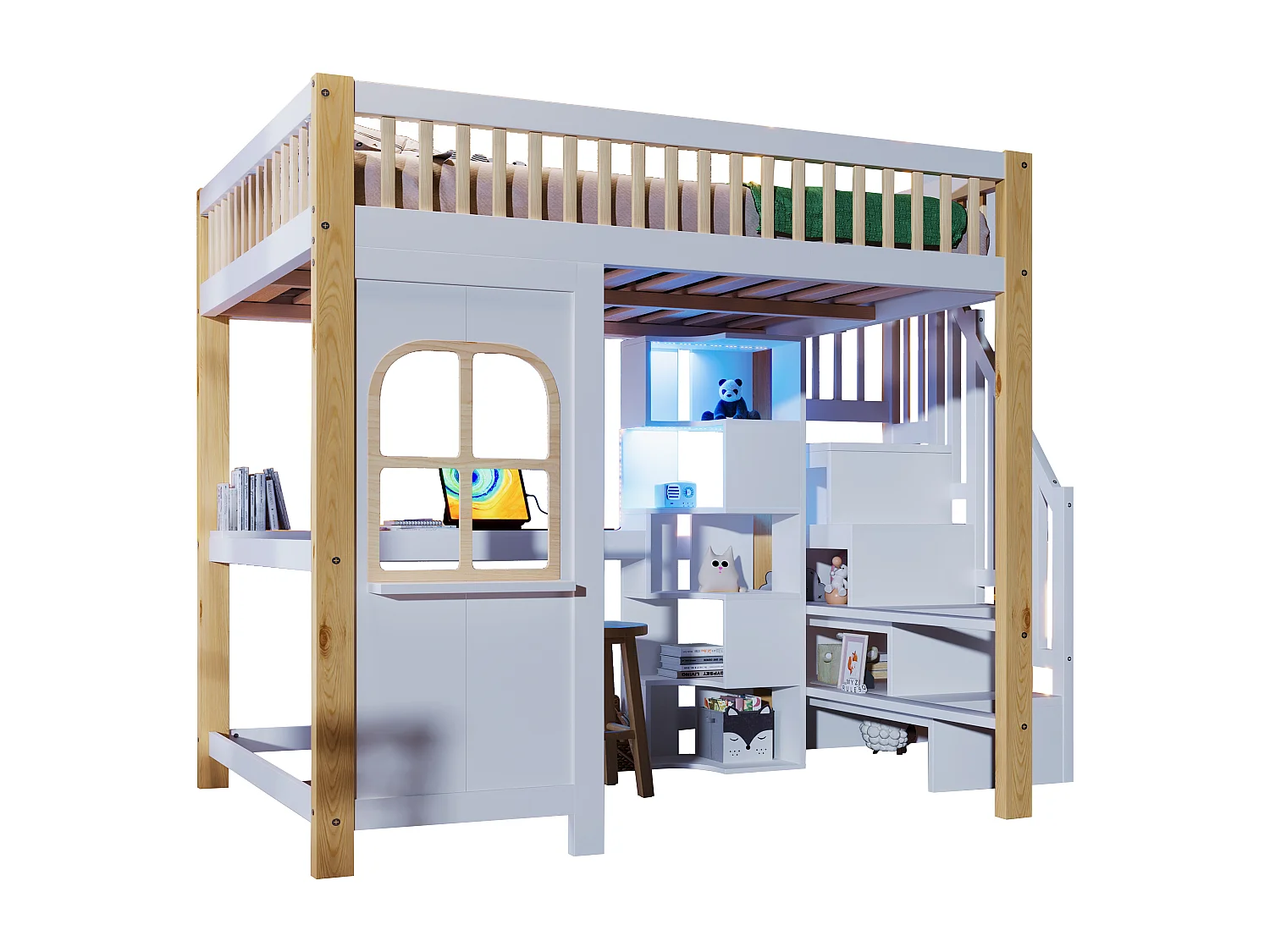 Lit mezzanine 140x200 cm - avec éclairage LED - avec échelle de rangement - avec bureau + prise - coloris blanc + naturel (matelas non inclus)