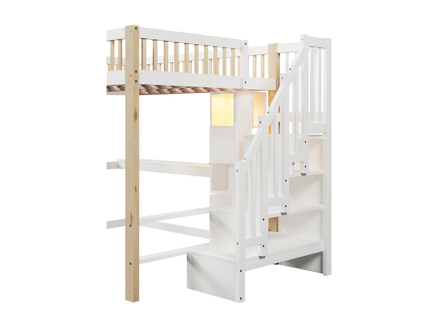 Lit mezzanine 140x200 cm - avec éclairage LED - avec échelle de rangement - avec bureau + prise - coloris blanc + naturel (matelas non inclus)