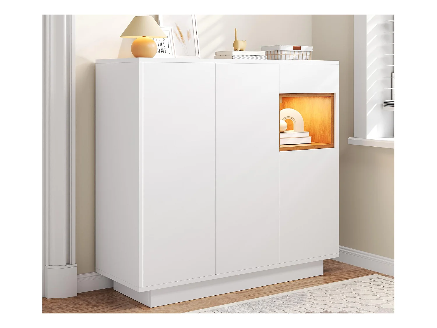 Meuble à chaussures 105x39.5x100.5 cm - 1 tiroir et 3 portes - avec éclairage LED - avec étagères réglables - Blanc et naturel