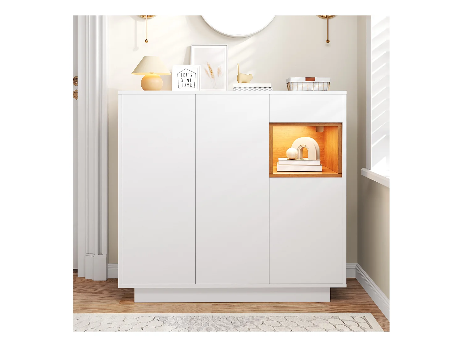 Meuble à chaussures 105x39.5x100.5 cm - 1 tiroir et 3 portes - avec éclairage LED - avec étagères réglables - Blanc et naturel