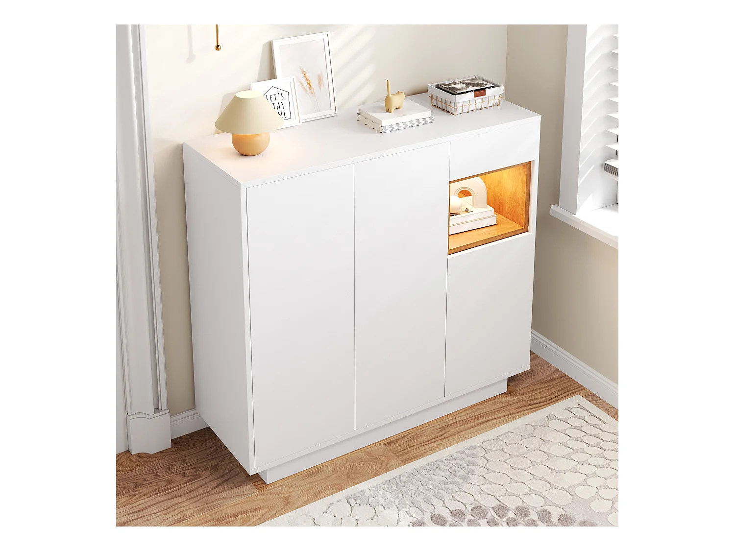 Meuble à chaussures 105x39.5x100.5 cm - 1 tiroir et 3 portes - avec éclairage LED - avec étagères réglables - Blanc et naturel