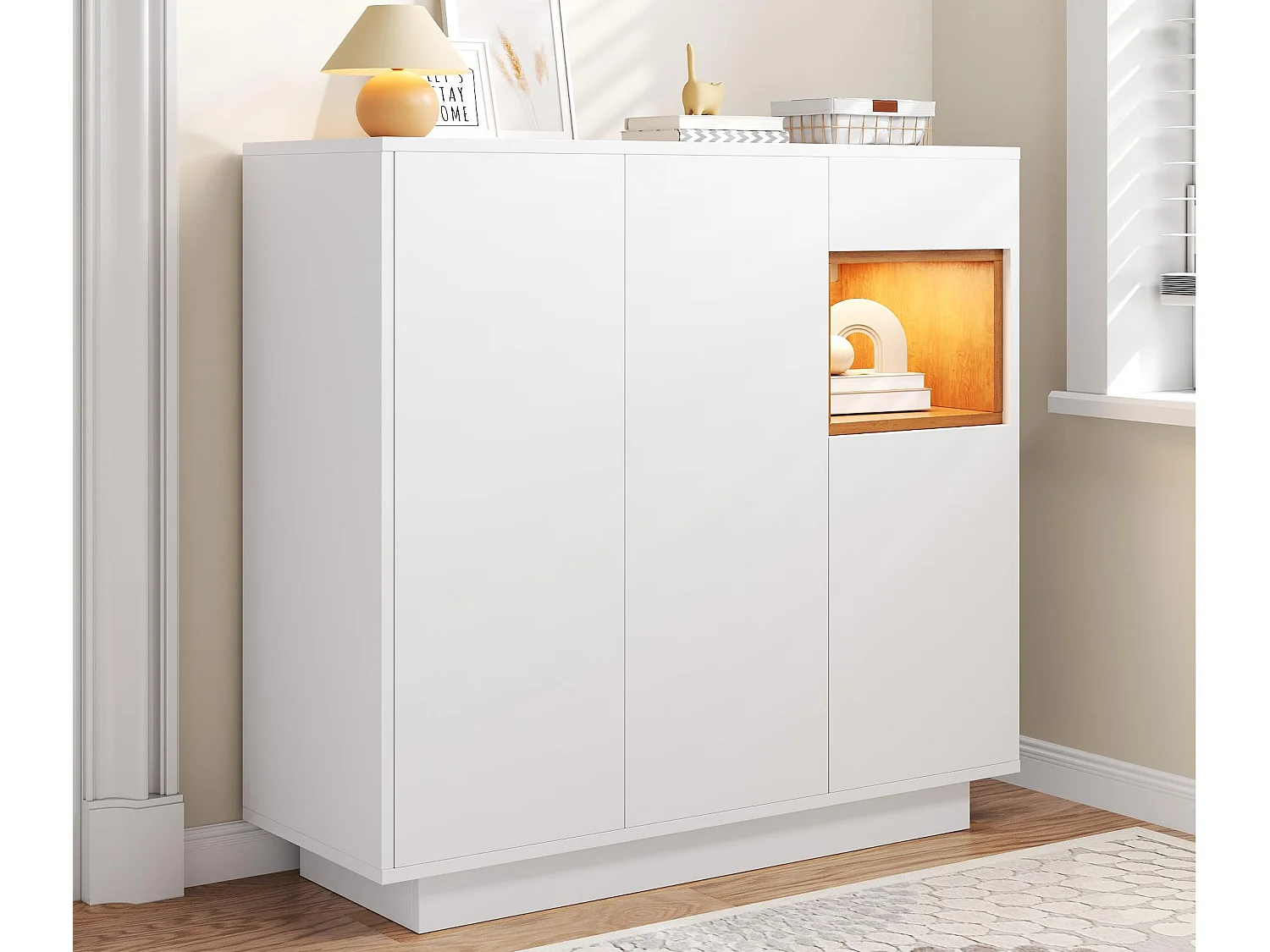 Schuhschrank 105x39.5x100.5 cm - 1 Schublade und 3 Türen - mit LED-Beleuchtung - mit verstellbaren Regalen - Weiß und natur