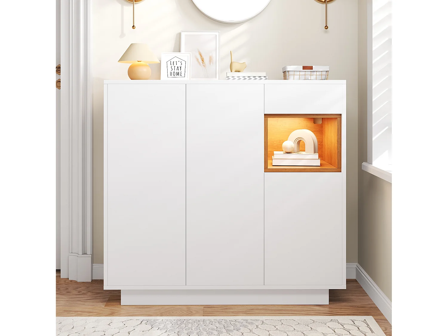 Schuhschrank 105x39.5x100.5 cm - 1 Schublade und 3 Türen - mit LED-Beleuchtung - mit verstellbaren Regalen - Weiß und natur