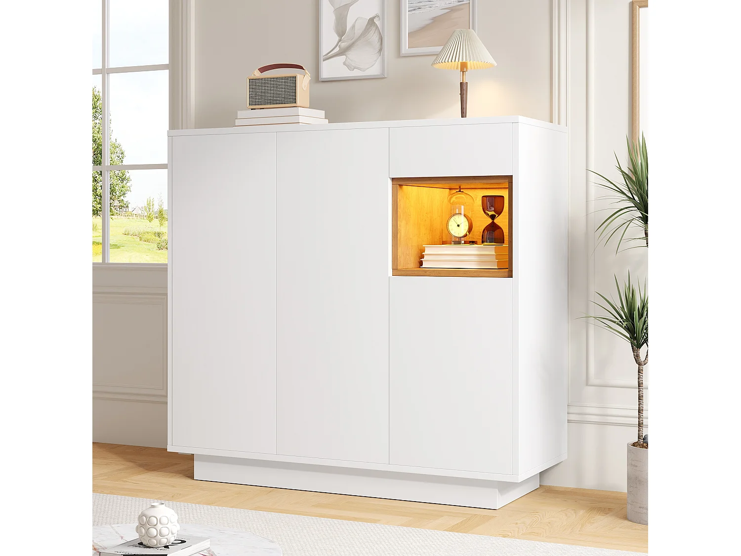 Schuhschrank 105x39.5x100.5 cm - 1 Schublade und 3 Türen - mit LED-Beleuchtung - mit verstellbaren Regalen - Weiß und natur